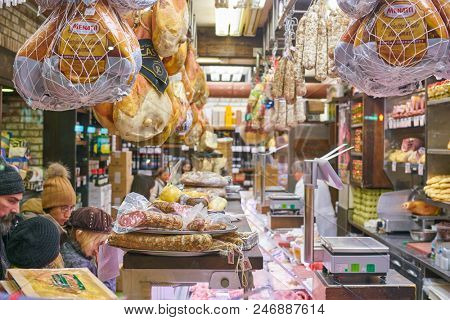 MILAN, ITALY - CIRCA NOVEMBER, 2017: assortment of meat products on display in shop in Milan.