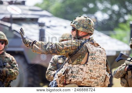 Feldkirchen / Germany - June 9, 2018: German Soldier Instructs Soldiers On A Open Day On Day Of The 