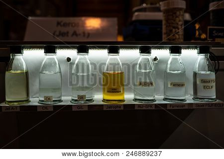 Berlin-april 28, 2018: Samples Of Various Aviation Fuel (kerosene). Exhibition Ila Berlin Air Show 2