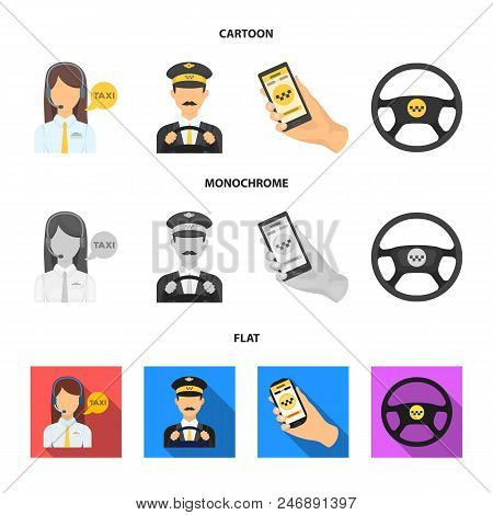 A Taxi Driver With A Microphone, A Taxi Driver At The Wheel, A Cell Phone With A Number, A Car Steer