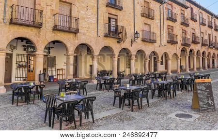 Siguenza, Spain - April 19, 2018: Arches At The Plaza Mayor Square In Siguenza, Spain