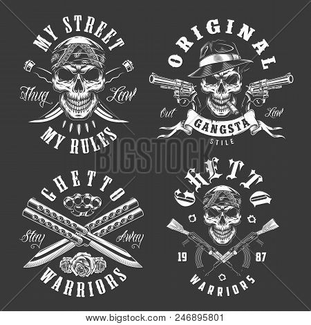 Set Of Gangster Emblems In Monochrome Style. Vector Illustration
