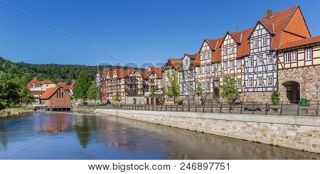 Panorama Of The Fulda Riverside In Historic Hann. Munden, Germany