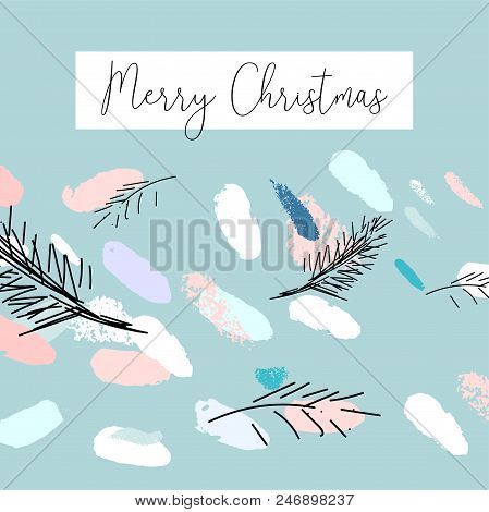 Artistic Hand Drawn Unusual Christmas Design With Abstract Hand Painted Brush Strokes And Doodle Flo