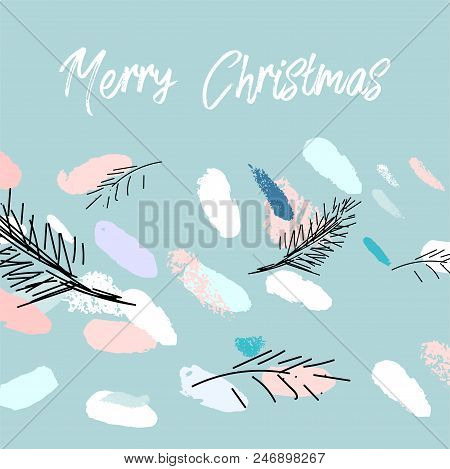 Artistic Hand Drawn Unusual Christmas Design With Abstract Hand Painted Brush Strokes And Doodle Flo
