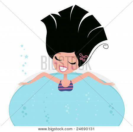 女人采取孤立的白色 （复古） 上的按摩浴缸...