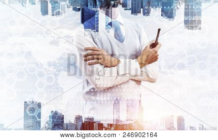 Confident And Young Businessman In Smart-casual Wear Smoking Pipe And Modern Cityscape With Business