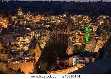 Goreme, Cappadocia, Turkey On Sunset. Famous Center Of Balloon Fligths