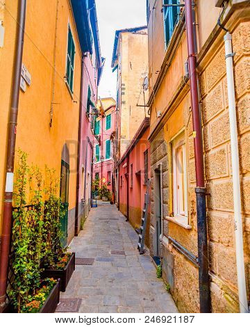 Colorful Buildings In Monterosso In Cinque Terre, Italy On Sunny Day.