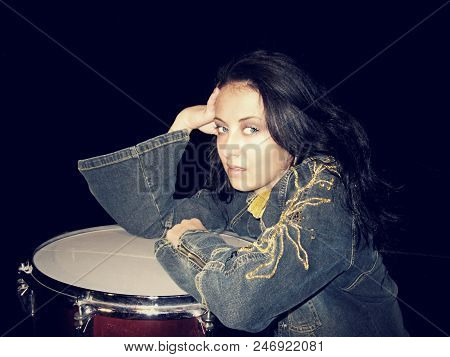 Rock Style Music. Lets Play Rock. Rock Sexy Woman At Drum. Hard Rock Festival, Vintage Style