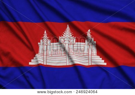 Cambodia Flag  Is Depicted On A Sports Cloth Fabric With Many Folds. Sport Team Waving Banner