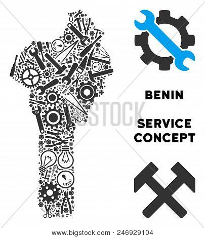 Repair Workshop Benin Map Mosaic Of Instruments. Abstract Territory Scheme In Gray Color. Vector Ben