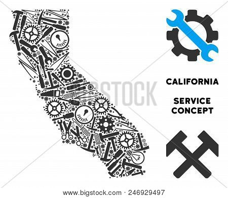 Repair Workshop California Map Composition Of Tools. Abstract Geographic Plan In Grey Color. Vector 