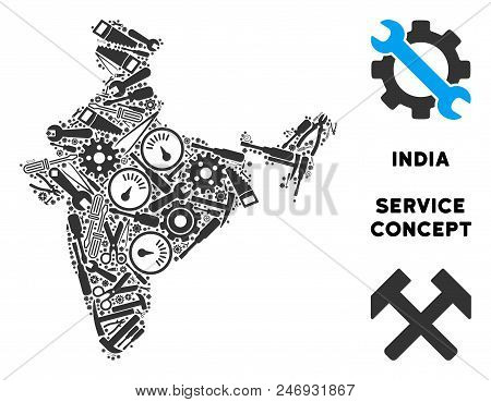 Service India Map Mosaic Of Instruments. Abstract Territory Scheme In Grey Color. Vector India Map I