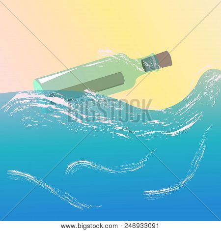A Glass Bottle Floating In The Ocean With A Message Inside. Vector Illustration.