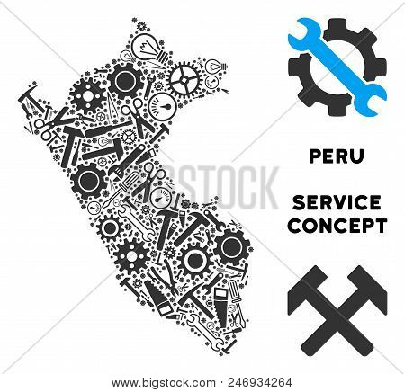 Repair Workshop Peru Map Composition Of Instruments. Abstract Territorial Plan In Grey Color. Vector