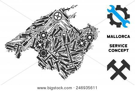 Repair Workshop Spain Mallorca Island Map Composition Of Tools. Abstract Geographic Scheme In Gray C