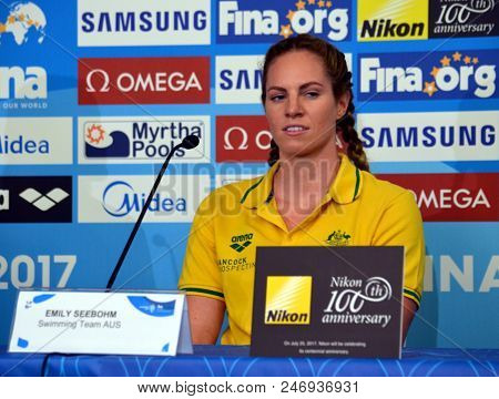 Budapest, Hungary - Jul 21, 2017. Emily Seebohm On The Press Conference Of The Swimming Team Austral