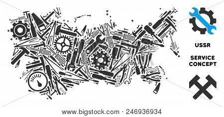 Service Ussr Map Composition Of Instruments. Abstract Territorial Plan In Grey Color. Vector Ussr Ma