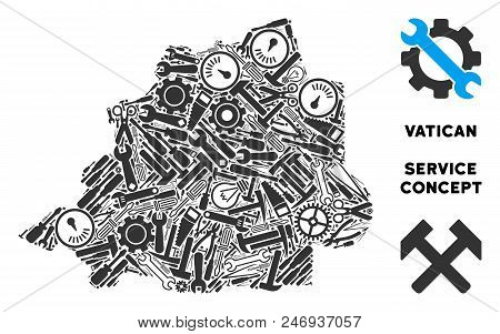 Service Vatican Map Composition Of Instruments. Abstract Territory Plan In Gray Color. Vector Vatica