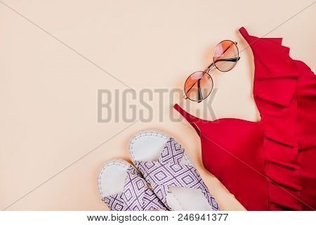 Summer Fashion Flatlay With Gradient Round Sunglasses, Trendy Espadrille Sandals And Red Swimsuit Wi