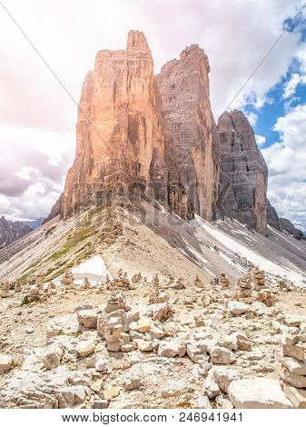 Tre Cime Di Lavaredo, Aka Drei Zinnen, Rock Formation In Dolomites, Italy.