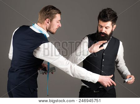 Tailor, Greedy Designer Wants More Money For Expensive Clothes. Overpayment Concept. Customer, Clien