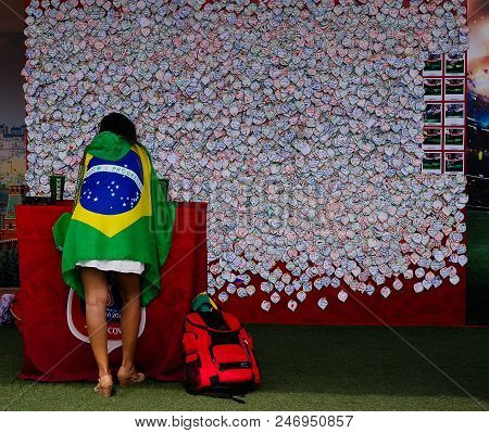 Brazilian Football Fans In The Fifa Fan Fest At Sparrow Hills Aka Vorobyovy Gory In Moscow At Fifa F