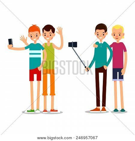 Two Man Selfie Isolated. Friends Do Joint Self-portrait Photograph. Happy Smiling Young Man Taking S