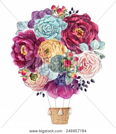 Beautiful Illustration With Watercolor Hand Drawn Summer Flowers And Air Baloon