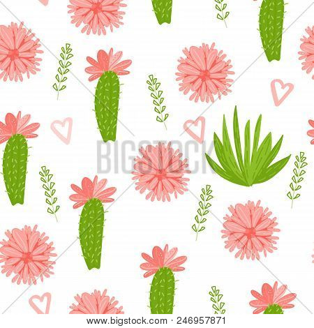 Vector Cactus Greem With Orange Flowers Pattern Isolated On White Background.