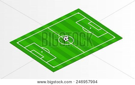 Ball In Green Soccer Field. Football Stadium Isolated On White Background. Vector Illustration.