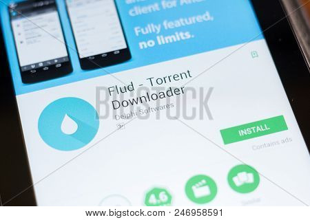 Ryazan, Russia - June 24, 2018: Flud Torrent Downloader Mobile App On The Display Of Tablet Pc