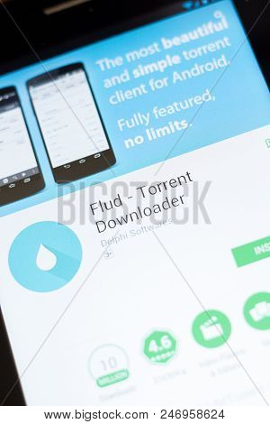 Ryazan, Russia - June 24, 2018: Flud Torrent Downloader Mobile App On The Display Of Tablet Pc