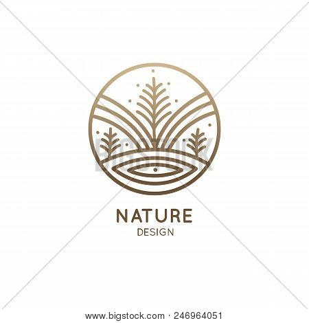 Nature Logo Of Mountains, Trees, River. Linear Icon Of Landscape On The Background Of The Sun. Vecto