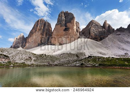 Drei Zinnen Or Tre Cime Di Lavaredo With Small Lake, Sextener Dolomiten Or Dolomiti Di Sesto, South 