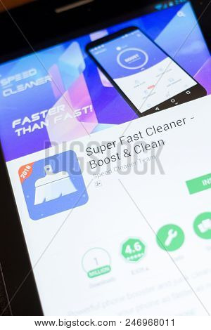 Ryazan, Russia - June 24, 2018: Super Fast Cleaner Mobile App On The Display Of Tablet Pc