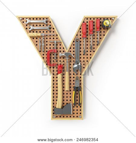 Letter Y. Alphabet from the tools on the metal pegboard isolated on white.  3d illustration