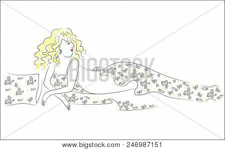 Sexy Young Blonde Is Resting. Lies On A Wrap With A Floral Print. Beautiful Fabric.vector Illustrati