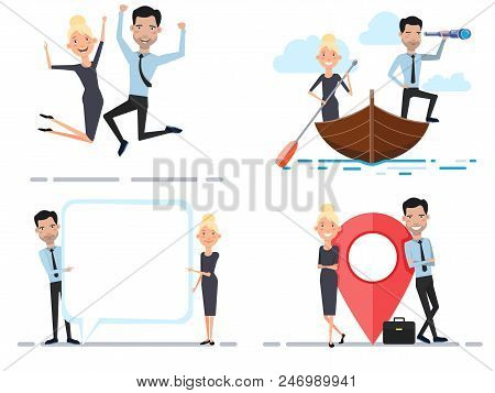 Business Team Achieving Success Character Set. Teamwork, Colleague, New Goals, Business Development.