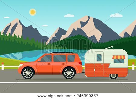Car And Trailers Caravan. Summer Landscape With Forest, Mountains And Laker. Vector Flat Style Illus