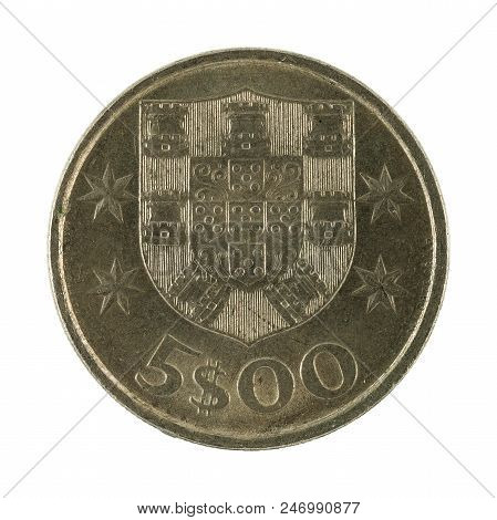 Five Portuguese Escudo Coin (1985) Isolated On White Background