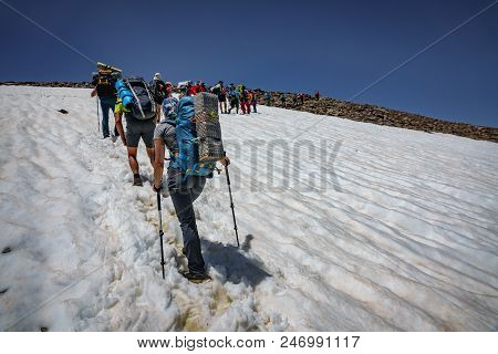 Sierra Nevada, Spain - June 23, 2018: Unidentified Group Of Mountaineers Ascend To Mulhacen Peak, Th