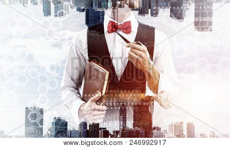 Confident And Young Businessman In Smart-casual Wear Smoking Pipe And Modern Cityscape With Business