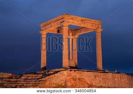 Spanish city of Avila, night view of the 4 poles, (Los 4 Postes). Avila, Spain