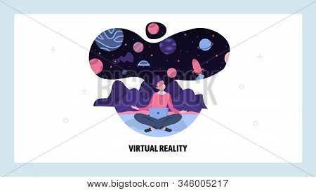Man In Virtual Reality Vr Glasses Imagine Outer Space. Vr Technology Digital Device. Vector Web Site
