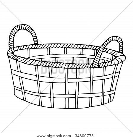 Hand-drawn Wicker Basket Isolated On A White Background.oval High Basket For A Picnic, For Collectin
