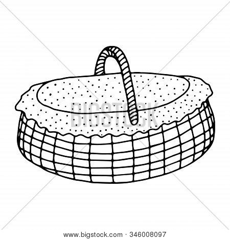 Hand-drawn Wicker Basket Isolated On A White Background.oval High Basket For A Picnic, For Collectin