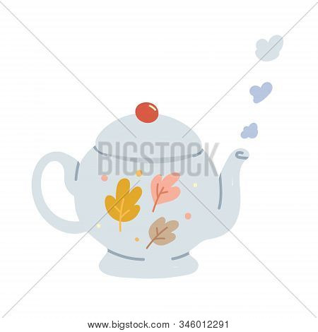 Porcelain Teapot Isolated On White Background. Decorative Kitchen Utensil, Household Ceramic Drinkwa