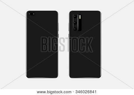 Black Phone In A Realistic Style. Stylish Phone On Both Sides And With Three Cameras. Phone Mock Up.
